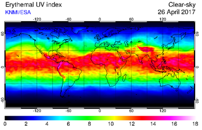 World map showing UV exposure at different latitutes