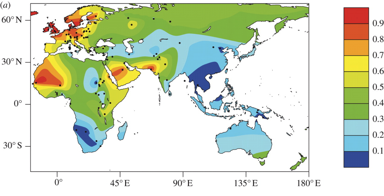 Map showing lactase peristence in Africe, Asia, and Europe
